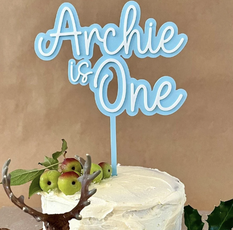 Laser-cut acrylic name and age cake topper, personalized with name and age